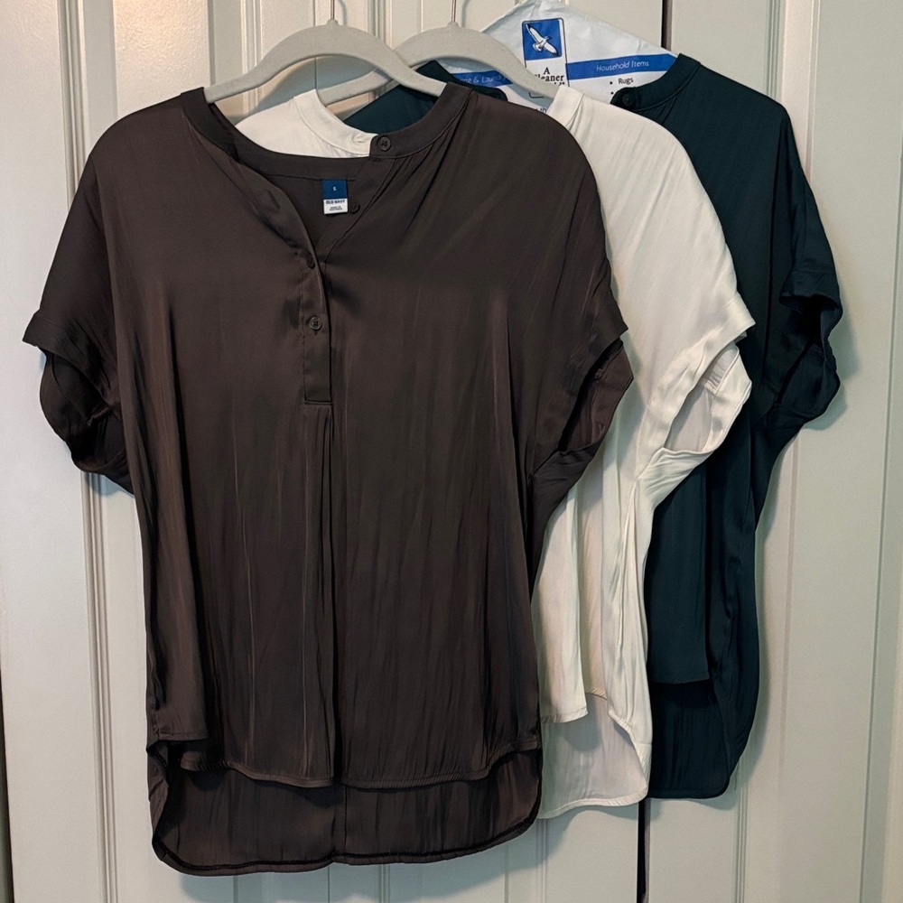 Women's 3 Blouse Set - Brown, White, Dark Green. Size Small. Silky soft!